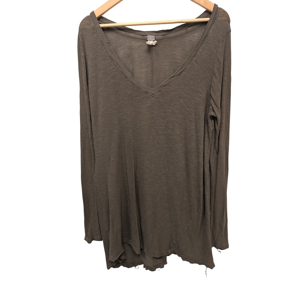 We The Free Free People Long Sleeve V-Neck Raw Hem Tunic Top Olive Green Boho